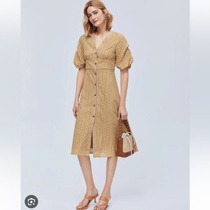 NWT MOTF Schiffy Eyelet Khaki Cotton Bishop Sleeve Button Down Midi Dress XS